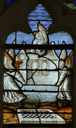 Fenster mit der Darstellung der Legende von Notre Dame de Lorette: Das Haus der Jungfrau wird von Engeln wundersam transportiert